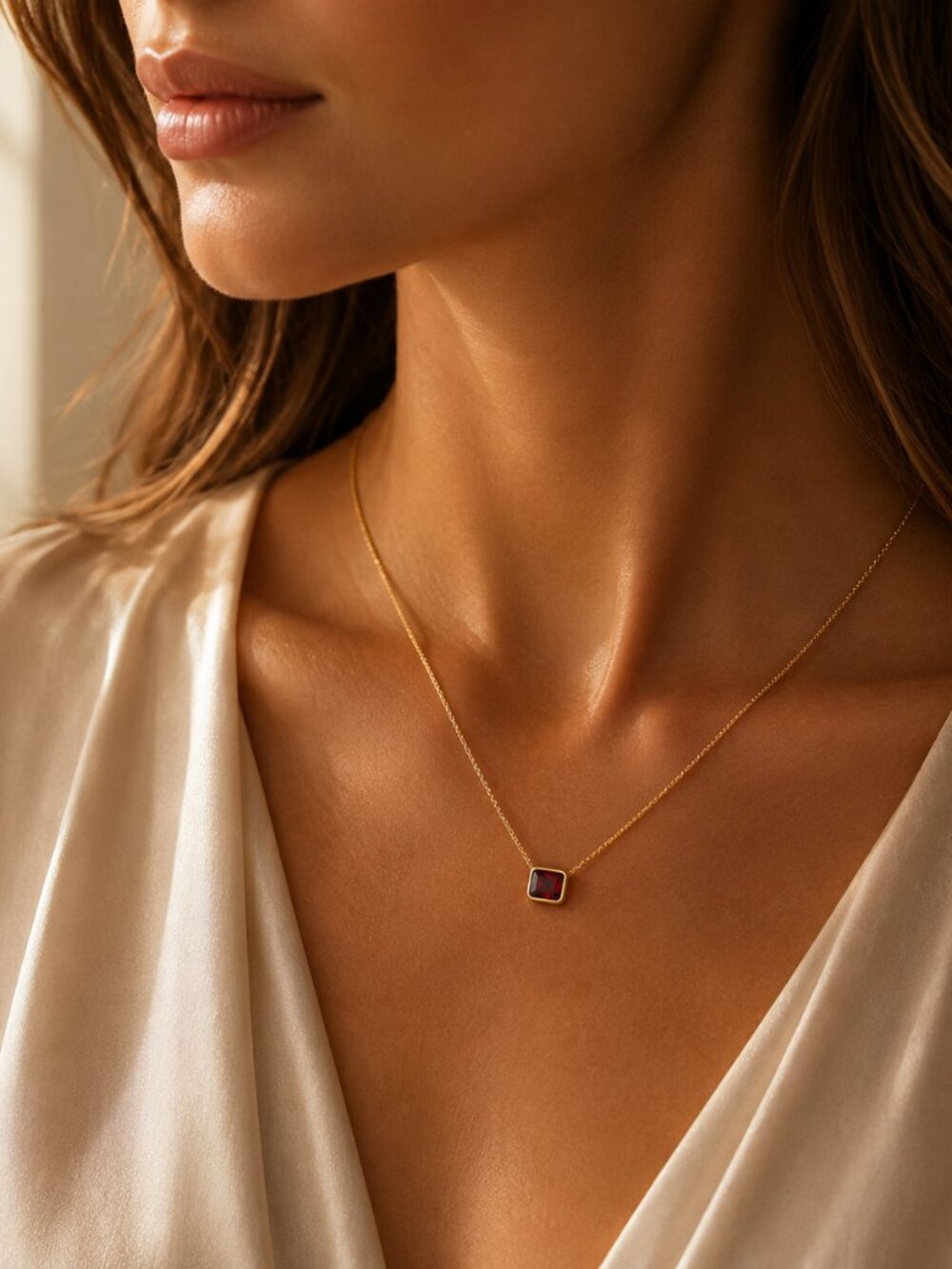 14K Yellow Gold Emerald Cut Garnet Necklace 18 in Minimalist Gemstone Necklace